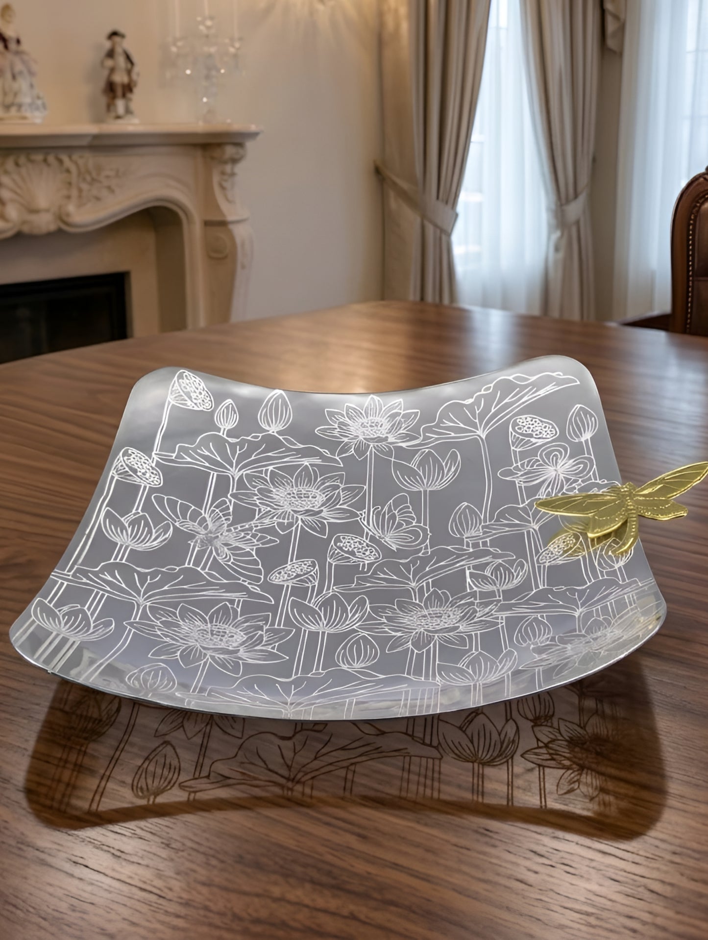 Silver Coated Etched Lotus Glass Tray