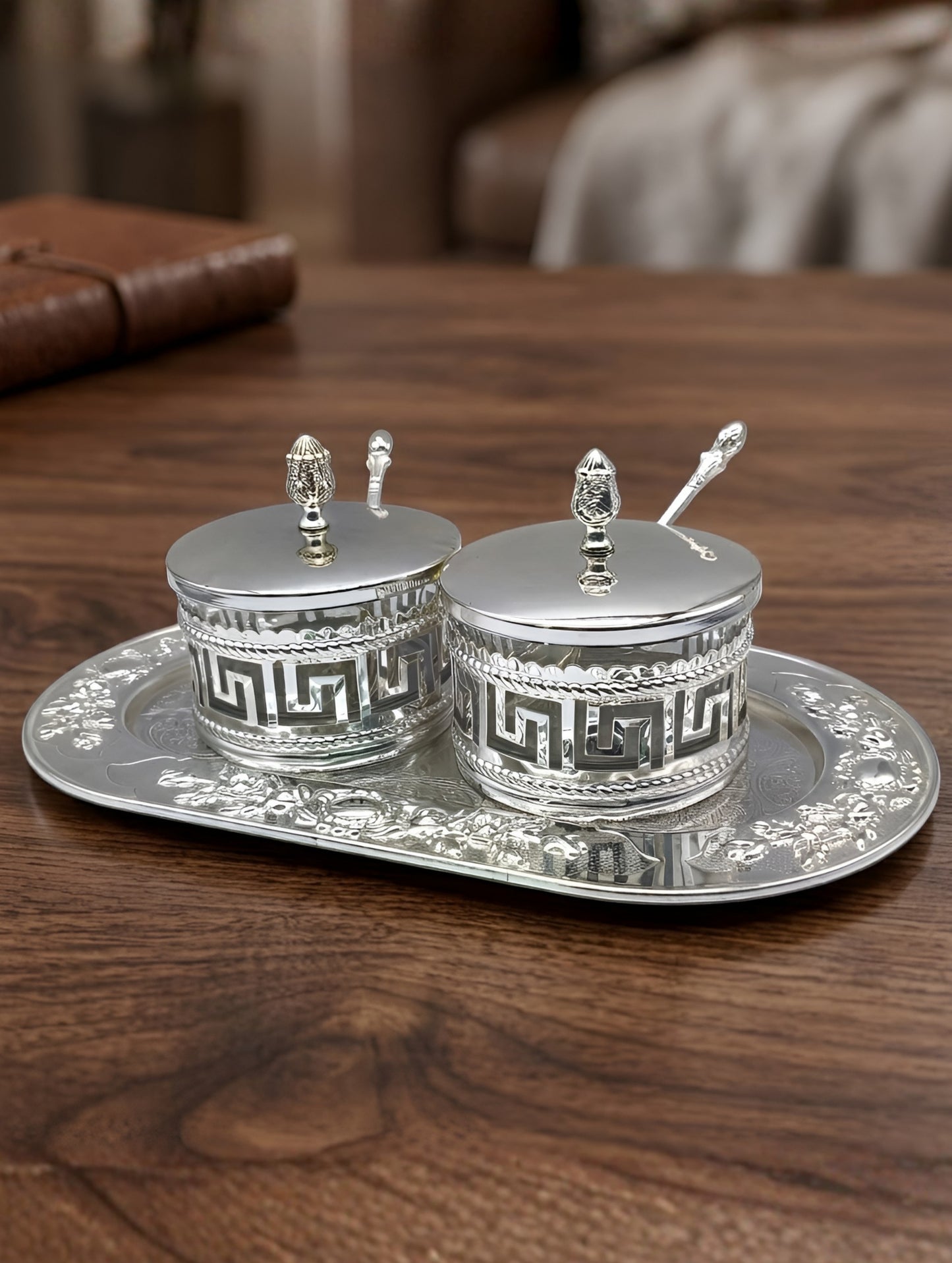 Decorative Silver Double Spice Jar Set with Tray