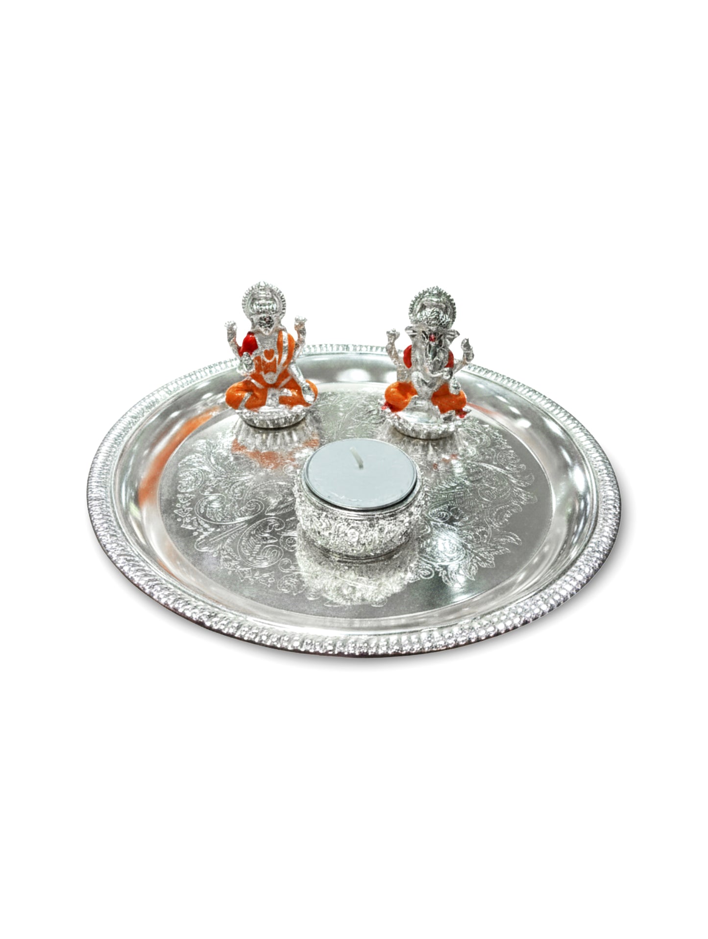 Divine Lakshmi–Ganesha Silver Coated Pooja Thali Set