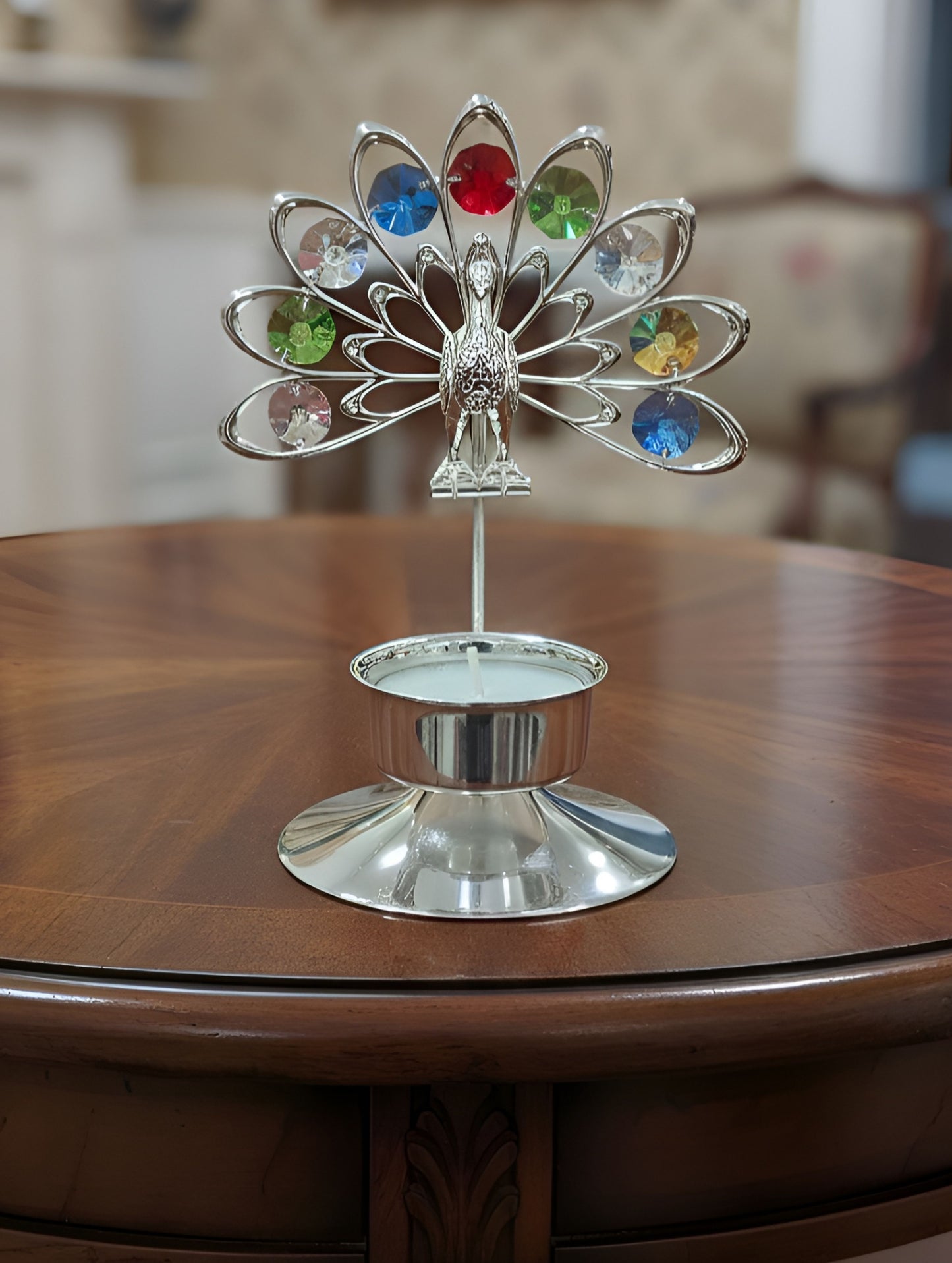 SILVER COATED PEACOCK TEALIGHT HOLDER