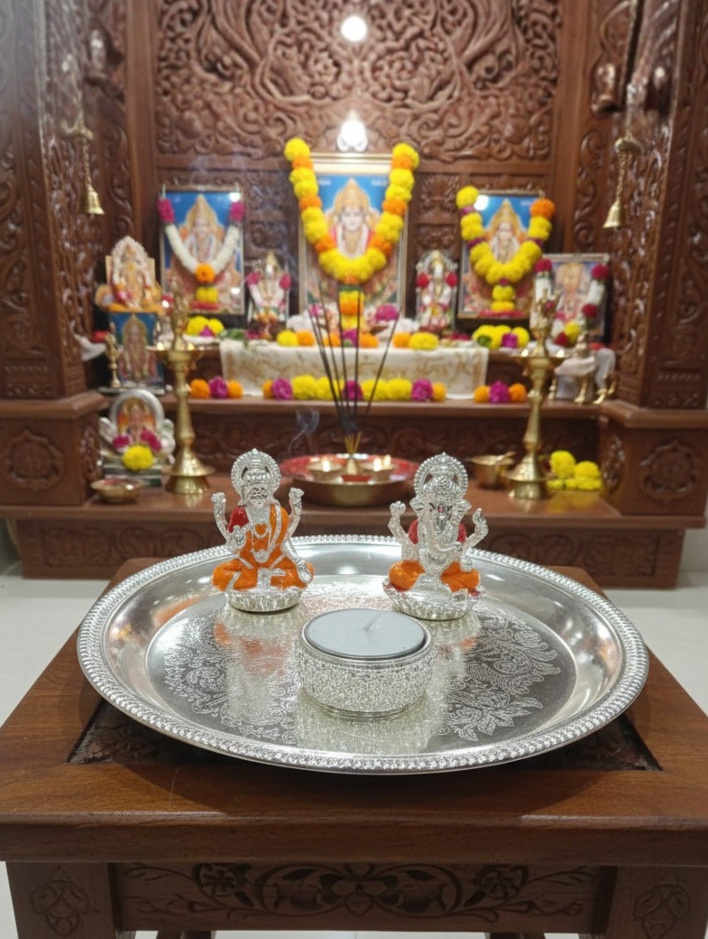 Divine Lakshmi–Ganesha Silver Coated Pooja Thali Set