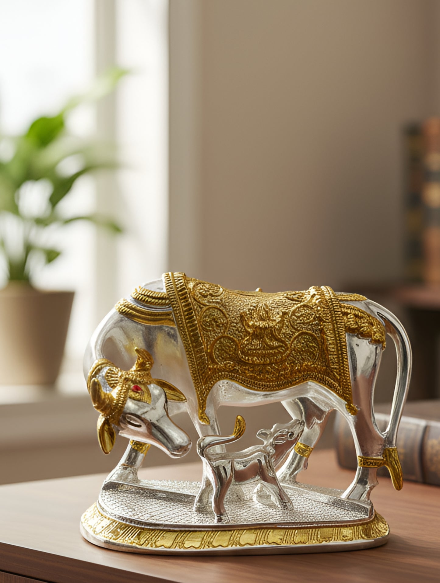 Silver Coated Cow & Calf Blessing Idol