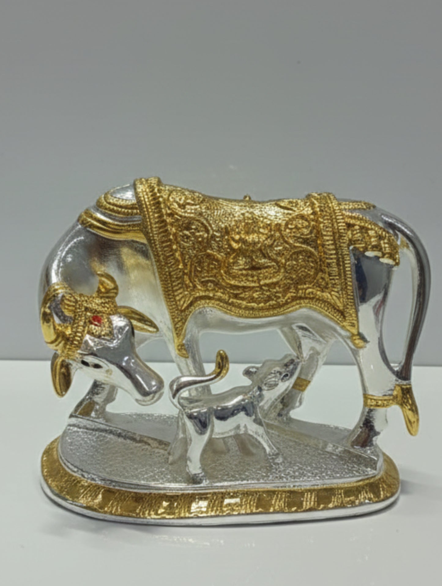 Silver Coated Cow & Calf Blessing Idol