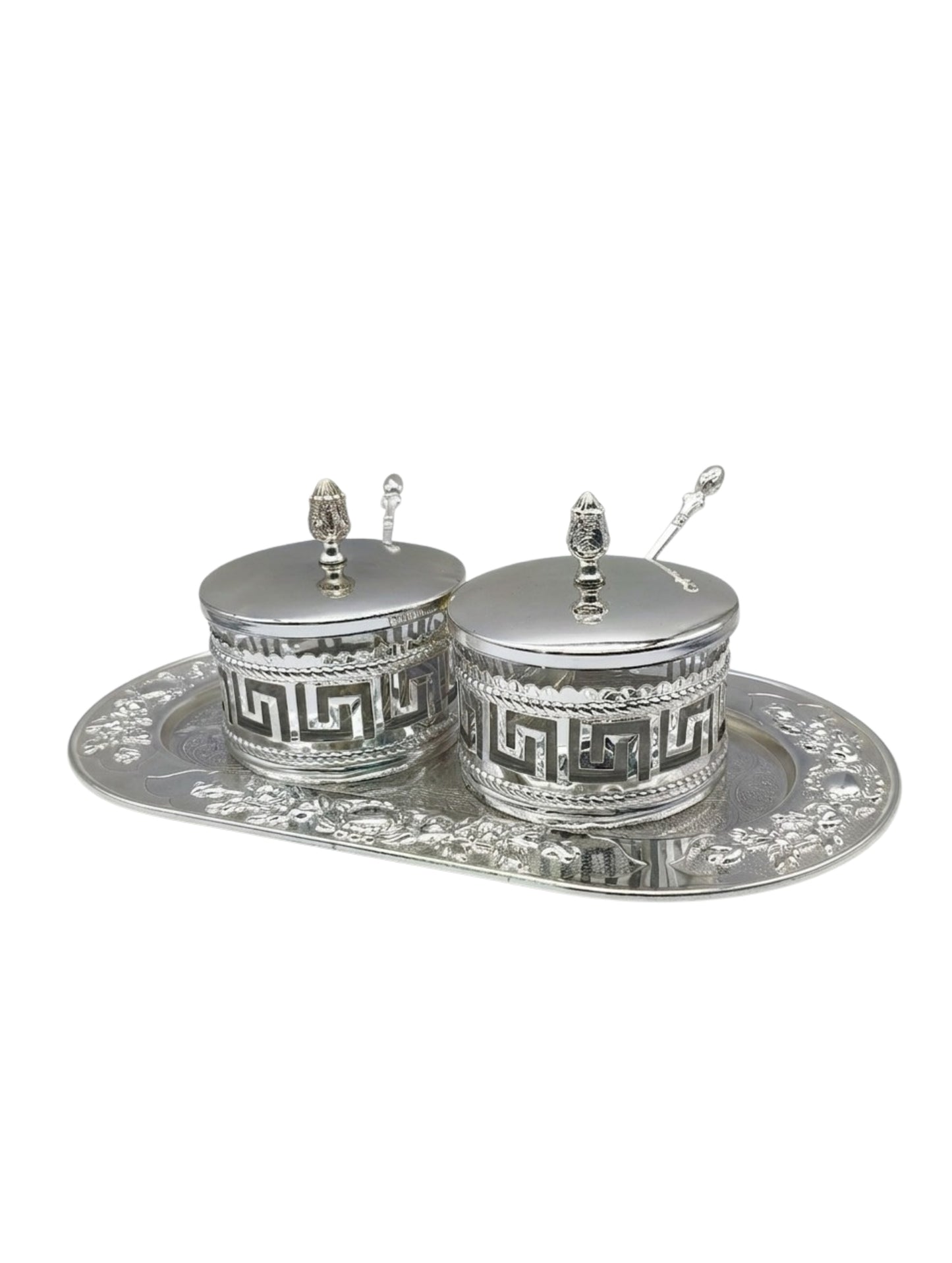 Decorative Silver Double Spice Jar Set with Tray