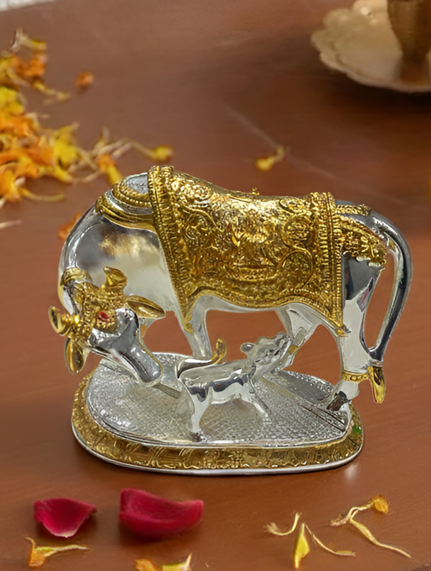 Silver Coated Cow & Calf Blessing Idol