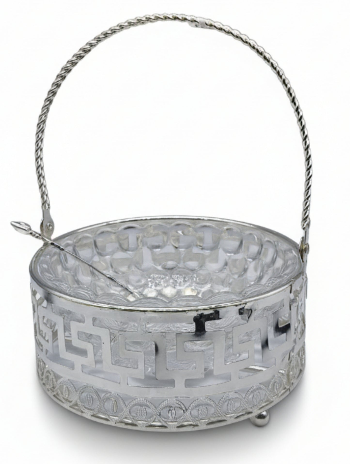 Silver-Coated Greek Key Glass Bonbon Dish