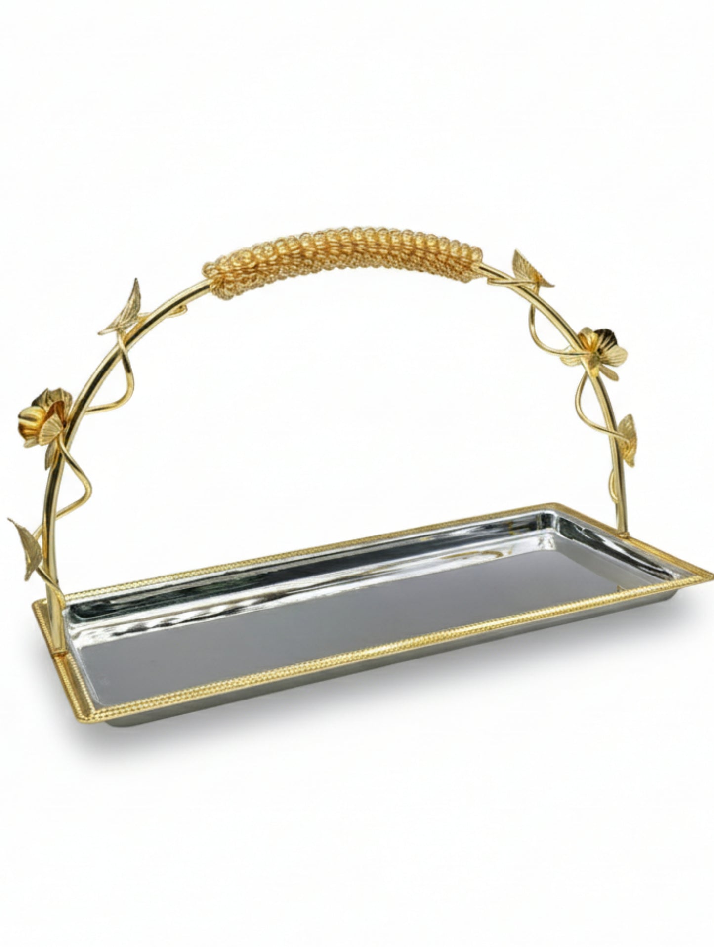 Floral Gold-Handled Silver Tray