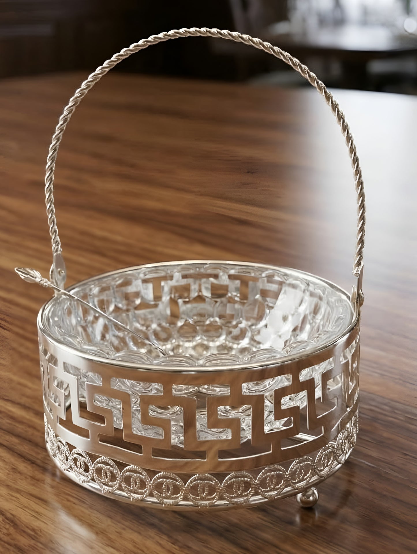 Silver-Coated Greek Key Glass Bonbon Dish