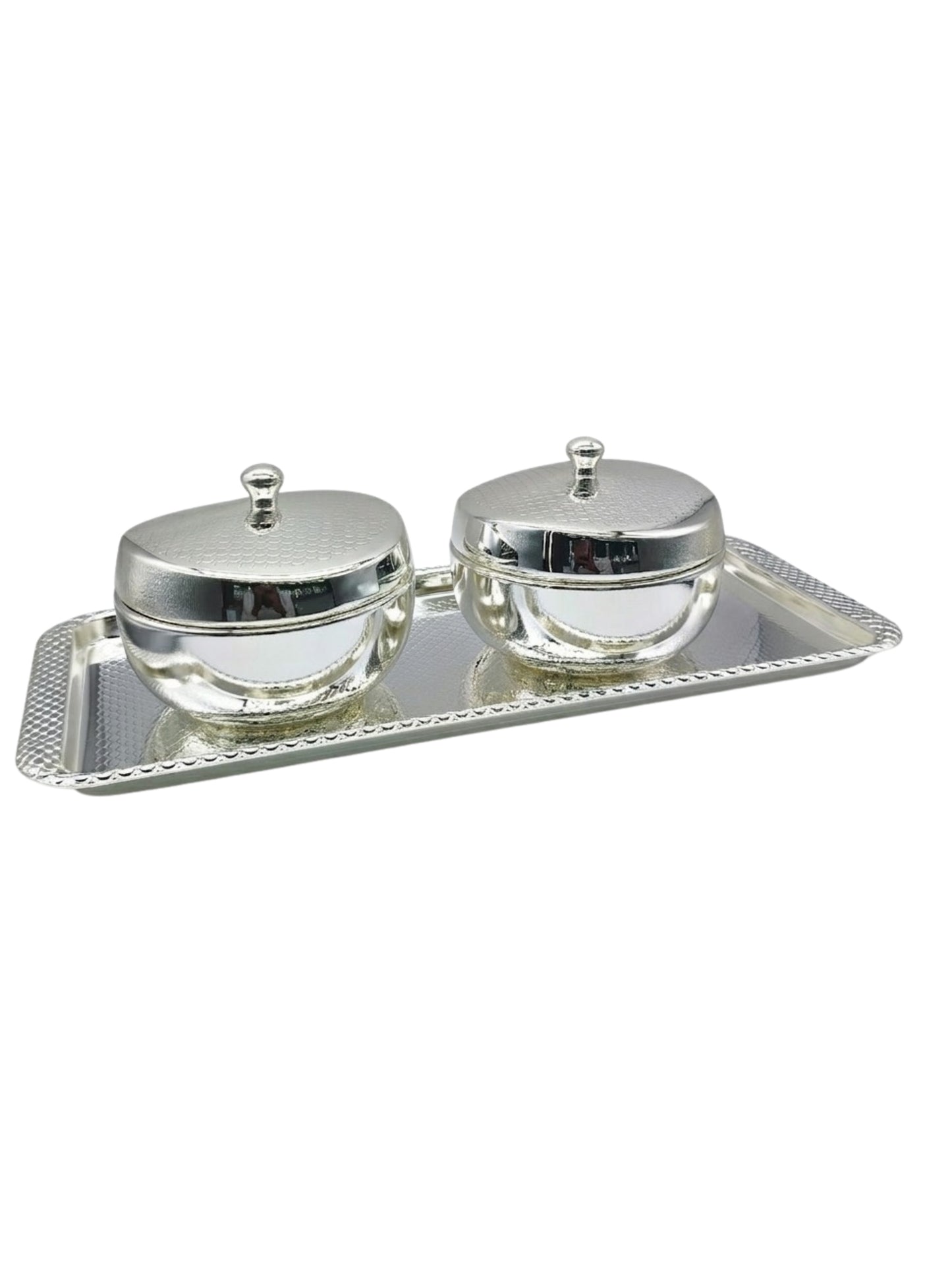 Silver Double Condiment Jar Set with Serving Tray