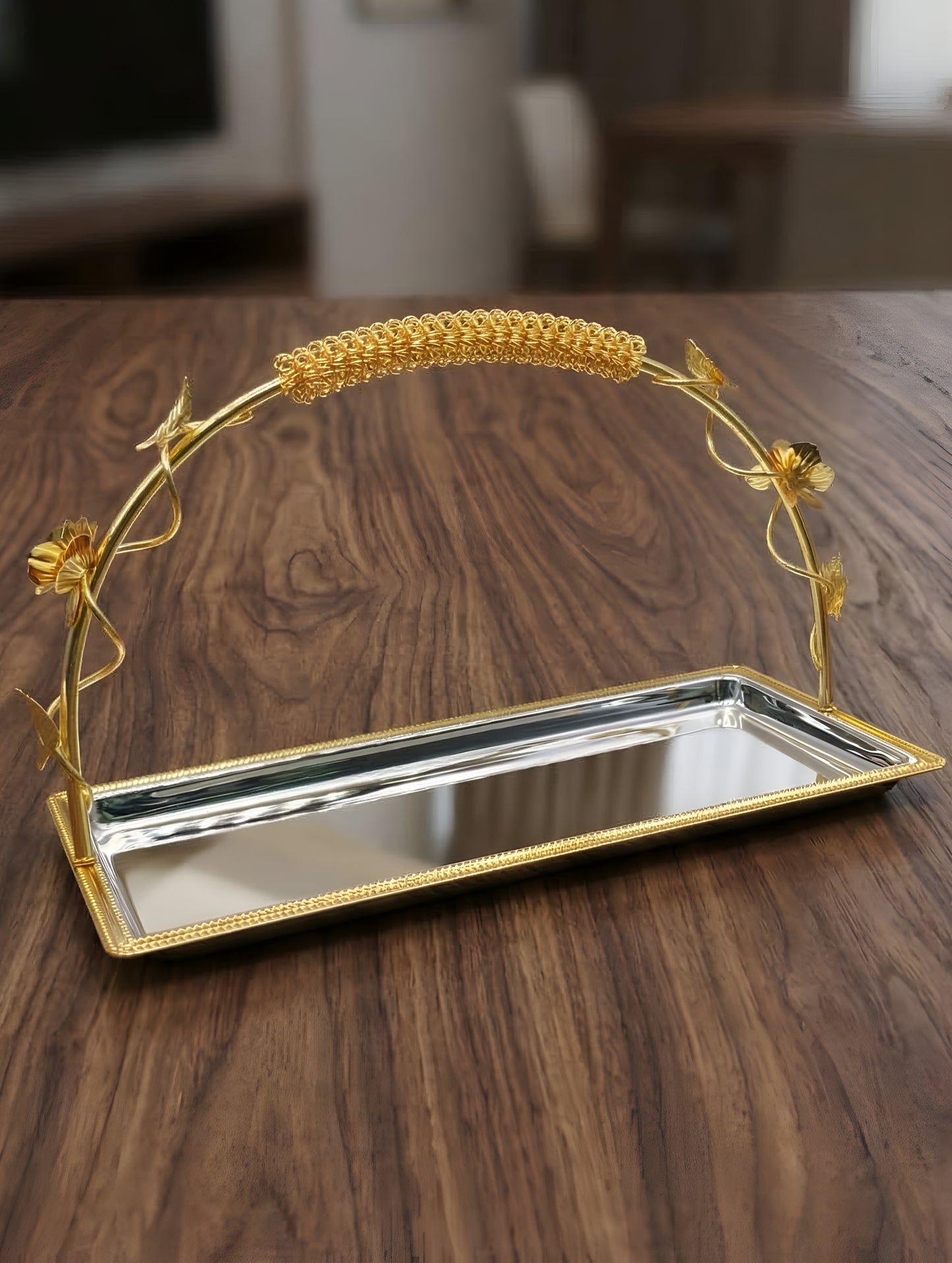 Floral Gold-Handled Silver Tray