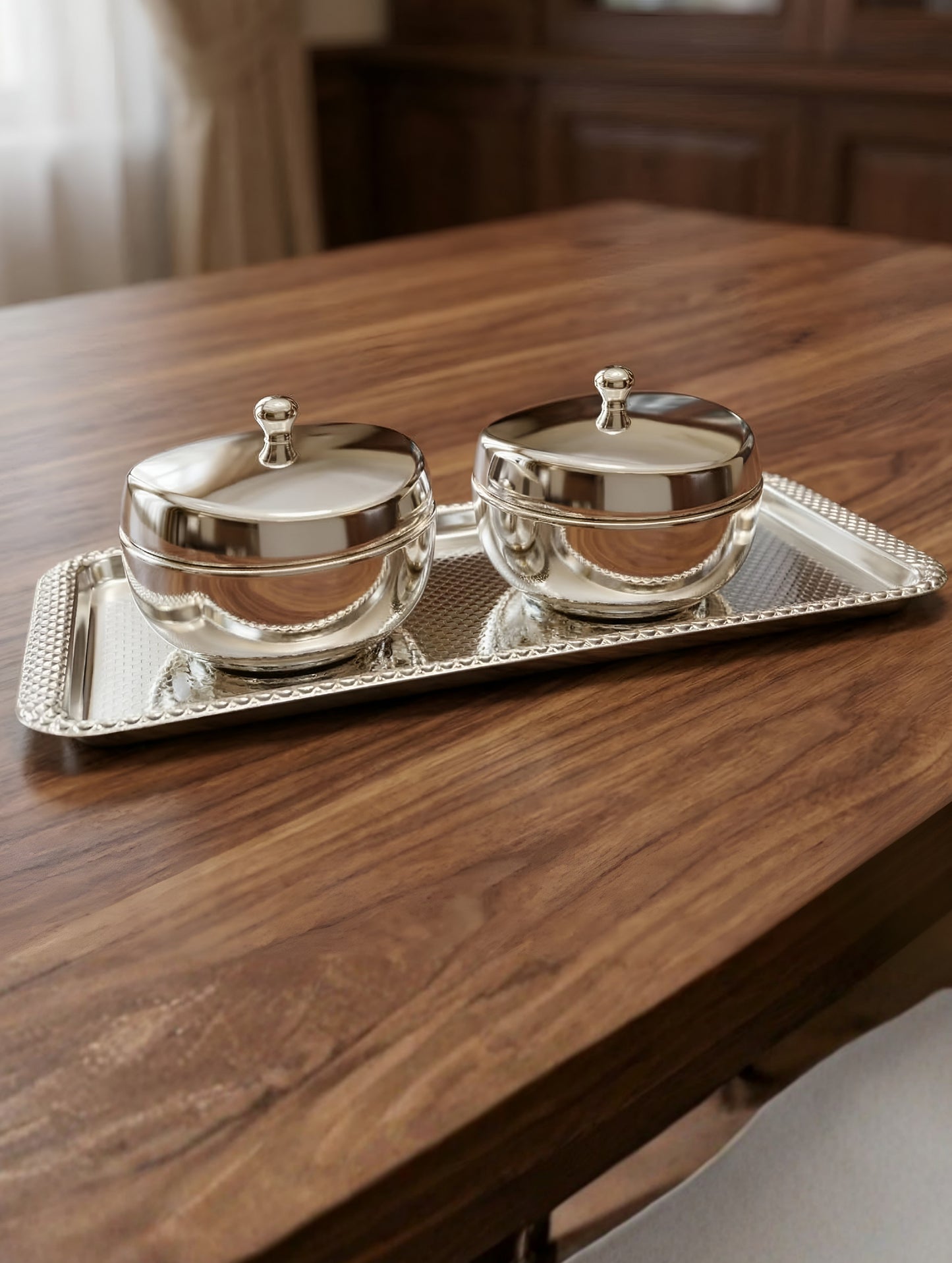Silver Double Condiment Jar Set with Serving Tray