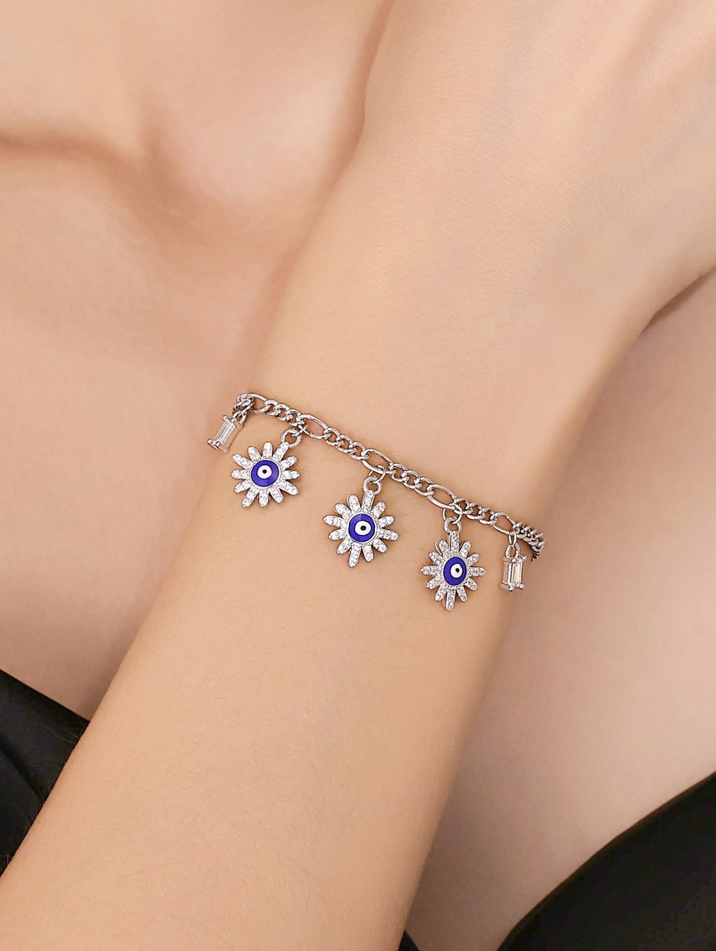 FLORAL EVIL EYE SILVER BRACELET