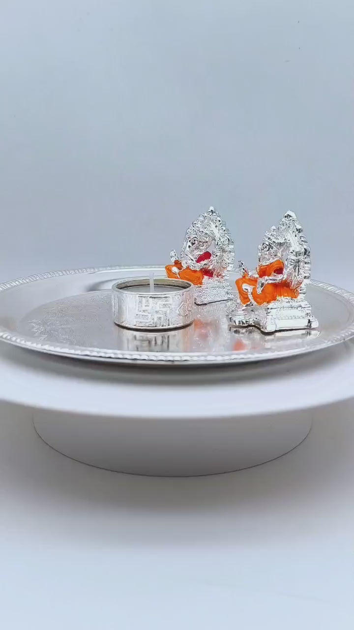 Load and play video in Gallery viewer, Divine Lakshmi–Ganesha Silver Coated Pooja Thali Set
